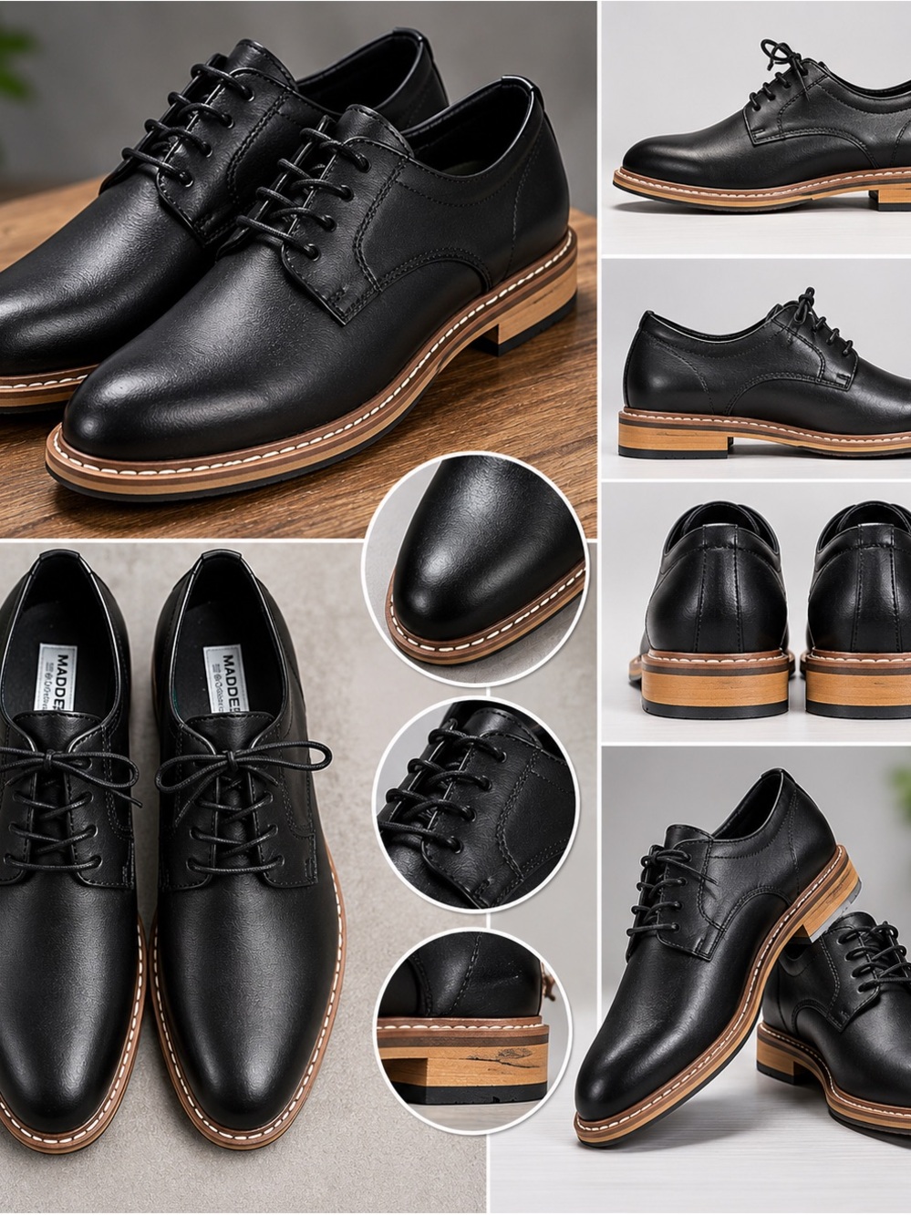 Steve Madden Black Leather Derby Shoes with Tan Welt